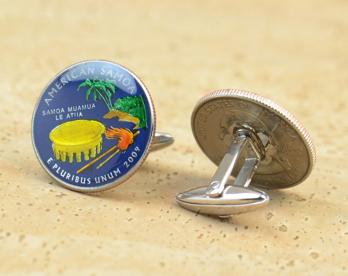 Cufflinks American Samoa Quarter. Enamelled cuff links.Stainless steel leg.Coin cufflinks.USA