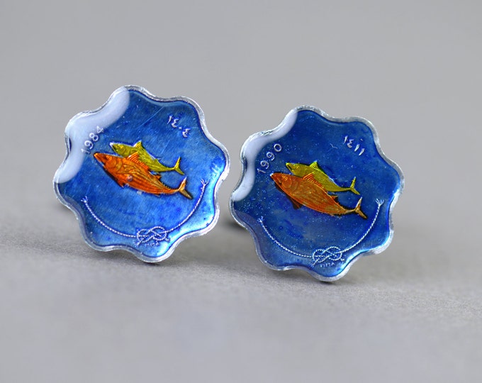 Cufflinks Coins Fish blue coin.Maldives Islands Coin Collector Gifts,Dad Coin Gift,Upcycled,mens gift accessories jewelry