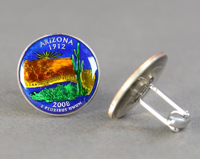 Cufflinks Arizona Quarter. Enamelled cuff links.Stainless steel leg.Coin cufflinks.USA.Accessories mens cuff links gift jewelry