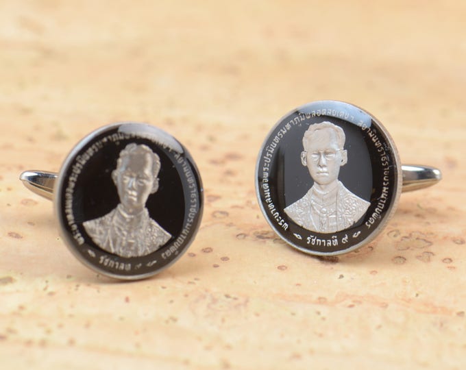Cufflinks Thailand enamel Coin.King of Thailand Coin Collector Gifts,Dad Coin Gift,Upcycled,mens gift accessories jewelry