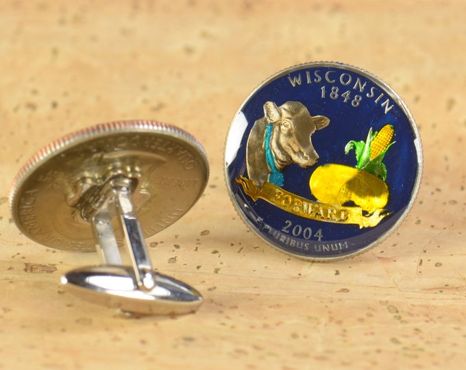 Cufflinks Wisconsin Quarter. Enamelled cuff links.Stainless steel leg.Coin cufflinks.USA