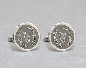 Harp Sterling Silver Music Cufflinks: Irish Symbol Design - , Wedding Groom Gift, Classic Mens Jewelry