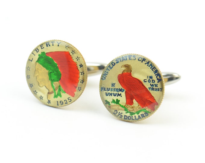 United States Indian Eagle cufflinks - US 2 and half dollar creproduction enamel hand painted coin