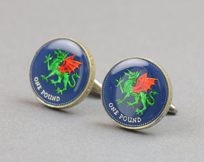 Enamel coin pound Dragon Cufflinks.United Kingdom.Great Britain Coin Collector Gifts,Dad Coin Gift,Upcycled,mens gift accessories jewelry