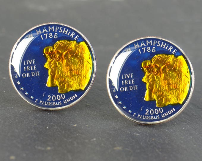 Cufflinks New Hampshire Quarter. Enamelled cuff links.Stainless steel leg.Coin cufflinks.USA- Accessories mens cuff links gift