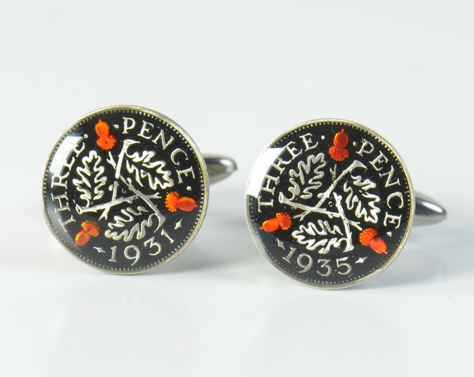 Sterling silver Coin 3 pence Great Britain Painted Cufflinks.United Kingdom