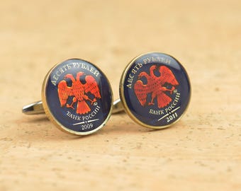 Coin Collector Gifts Enamel Cufflinks: Russian Coin Detail - Upcycled Enamelled Jewelry, Mens Formal Vintage Accessories