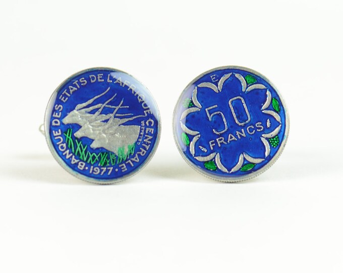 Enamel  Cufflinks-Central Africa Lion Coin-France Coin Collector Gifts,Dad Coin Gift,Upcycled,mens gift accessories jewelry