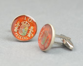 Cufflinks Spanish Vintage enamel coin - gemelos peseta Spain Coin Collector Gifts,Dad Coin Gift,Upcycled,mens gift accessories jewelry