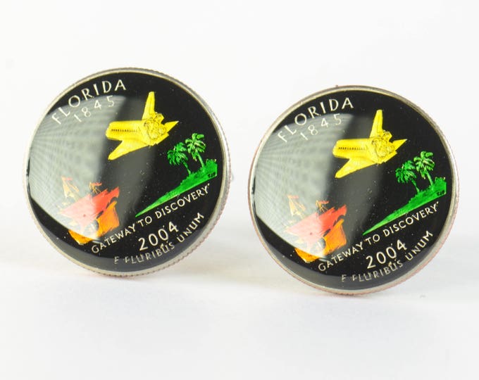 Cufflinks Florida Quarter. Enamelled cuff links.Stainless steel leg.Coin cufflinks.USA