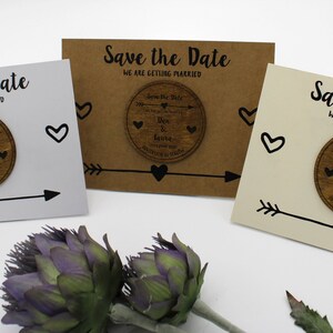 Wooden Save the Date Fridge Magnet with arrow and heart details white card image 2