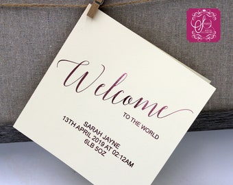 New Baby Girl Welcome pink foil personalised card