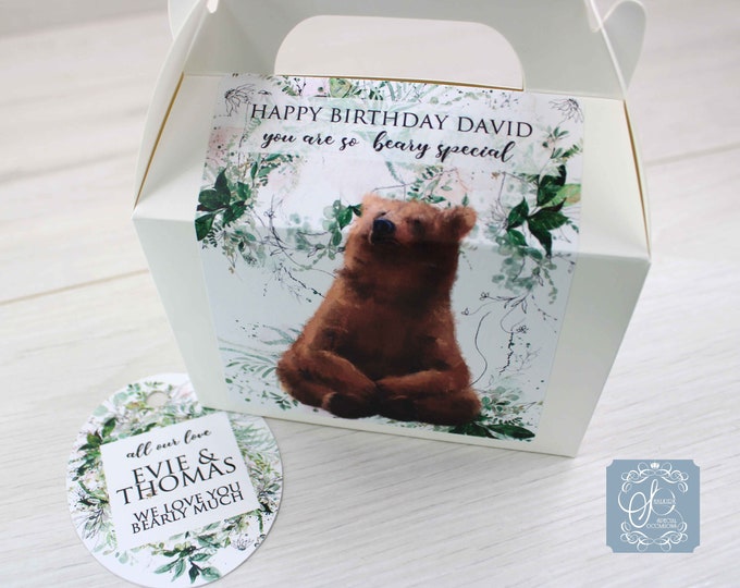 Personalised favour, Gable Party Activity Gift Cake Box , Lunch Boxes for Wedding, birthday, christening, Brown Bear