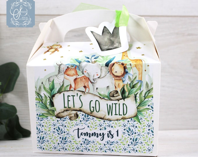 Personalised Children's Gable Party Activity Gift Cake Lunch Boxes for Wedding, birthday, christening, Let's go wild, safari, jungle