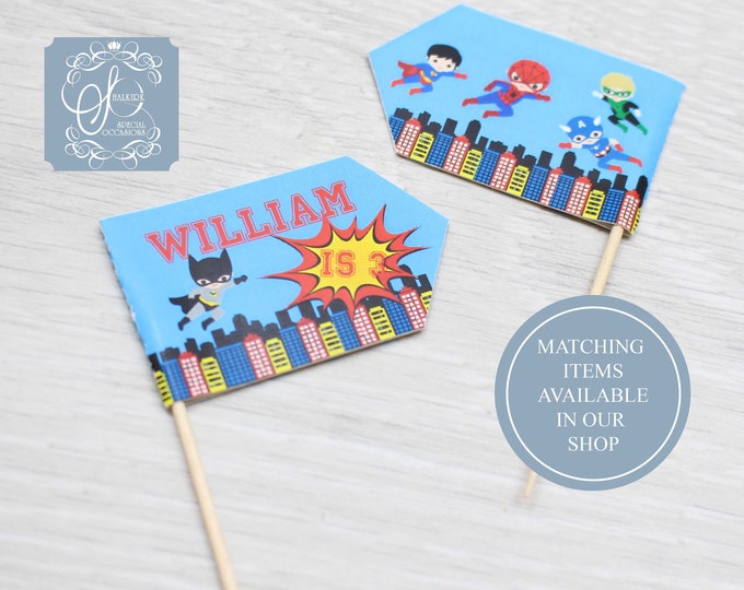 Personalised Cupcake party flags cocktail sticks Party favour, favor bag picks, cake toppers, Super Hero theme