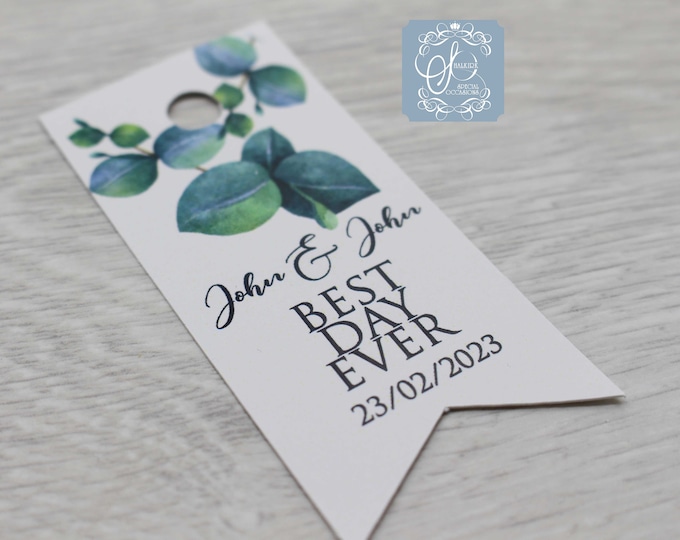 Personalised favour tags, wedding, birthday favor gift. bride and groom, Eucalyptus wreath
