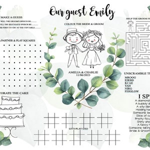 Placemat de actividades para niños A4 personalizado, Nombre de la tarjeta del lugar, Favor de la boda, Regalo para niños Eucalipto