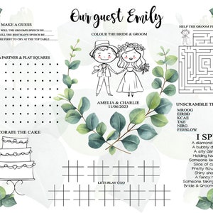 Personalised A4 Children's Activity Placemat, Place card name, Wedding Favour, Children's gift Eucalyptus