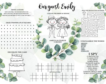 Personalised A4 Children's Activity Placemat, Place card name, Wedding Favour, Children's gift Eucalyptus