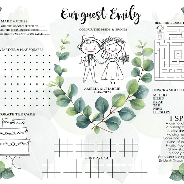 Personalised A4 Children's Activity Placemat, Place card name, Wedding Favour, Children's gift Eucalyptus