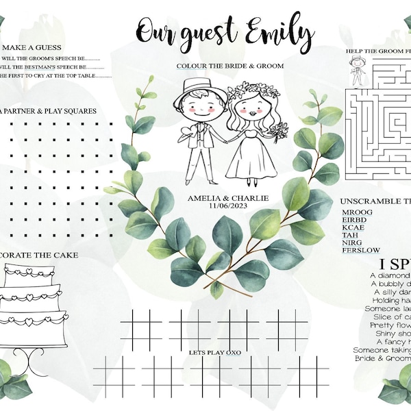 Set de table d'activité personnalisé A4 pour enfants, marque de lieu, cadeau de mariage, cadeau pour enfants eucalyptus