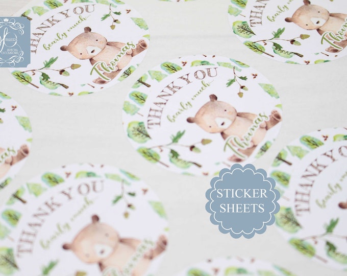 Personalised Circle Stickers for sweet cones, Party stickers, Teddy Bear & acorns theme, Party favour, favor bag stickers