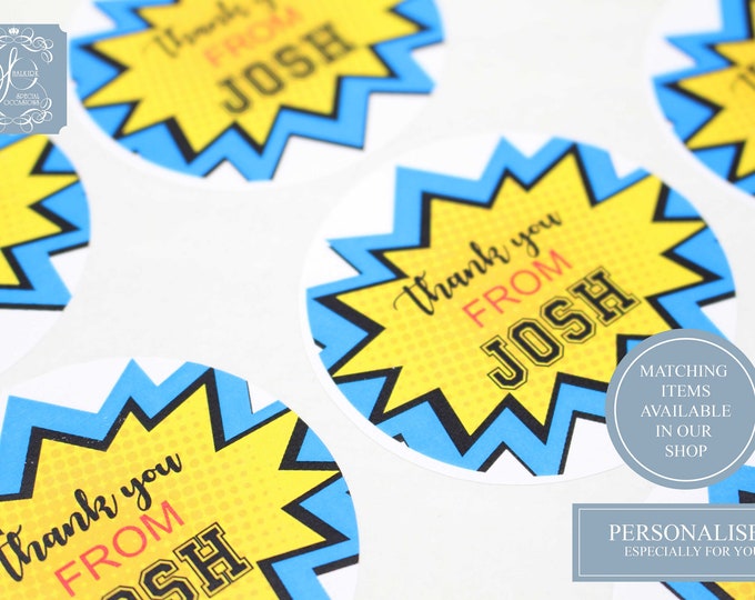 Personalised Circle Stickers for sweet cones, Party stickers, Super Hero theme, Party favour, favor bag stickers