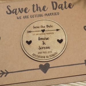 Wooden Save the Date Fridge Magnet with arrow and heart details white card image 8