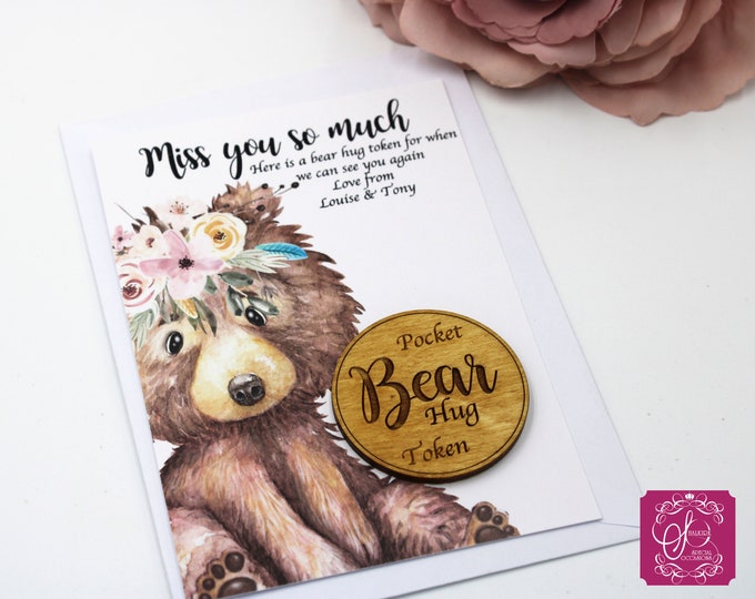 Cute Bear Pocket Hug Token and card with floral detail