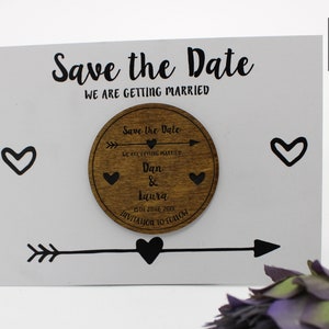 Wooden Save the Date Fridge Magnet with arrow and heart details white card image 1