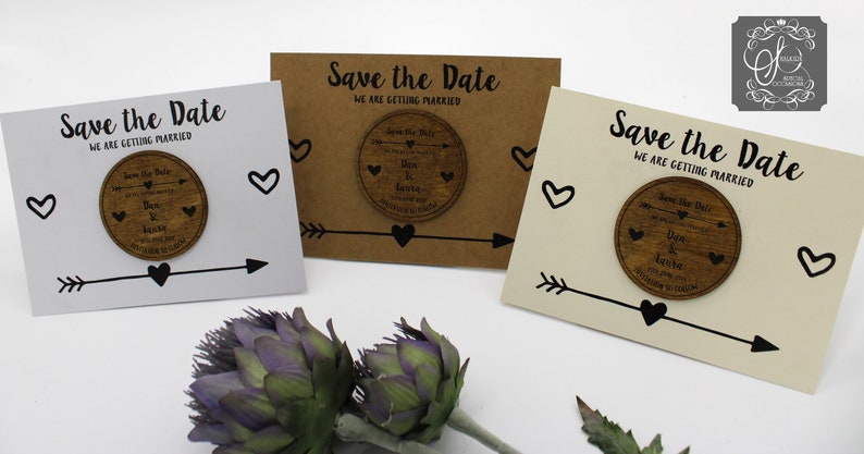 Wooden Save the Date Fridge Magnet with arrow and heart details white card image 2