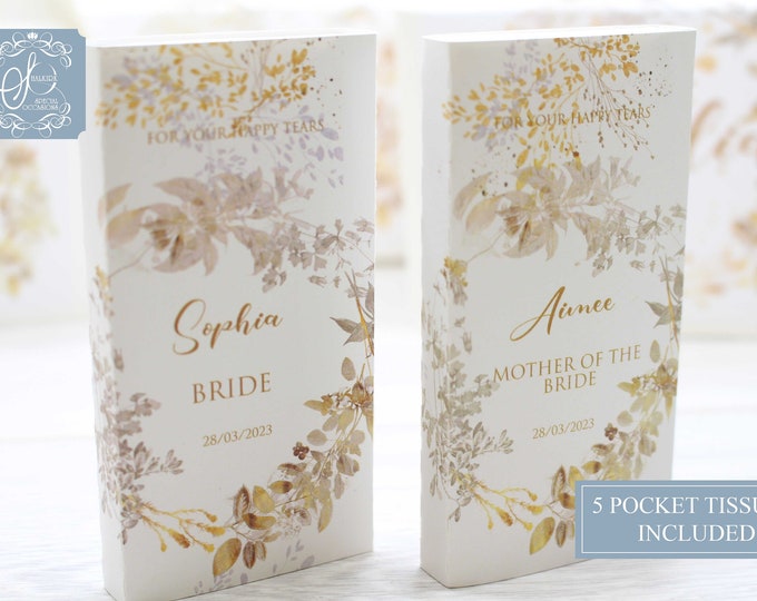Personalised Wedding Favour Pocket Tissues, Wedding Tissues for guests, Wedding Party, For your Happy Tears, Gold fern