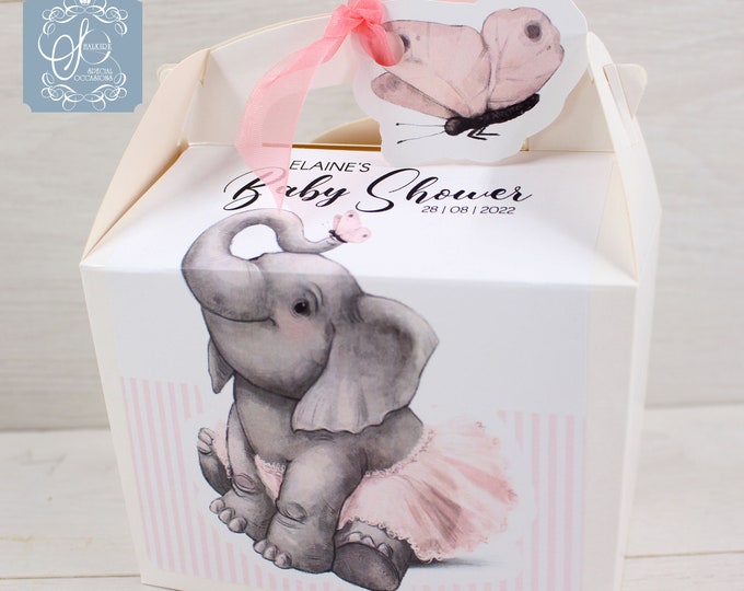 Personalised Baby Shower, New Baby, Gable Party Activity Gift Cake Lunch Boxes for Wedding, birthday, christening, Baby Elephant