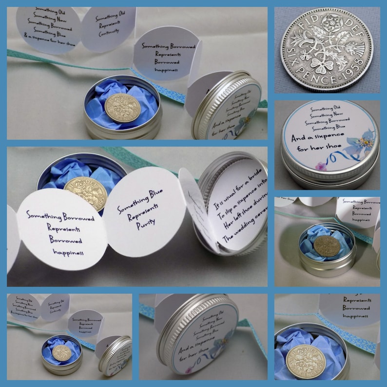 Puede incluir: Una peque&ntilde;a lata de plata con un dise&ntilde;o floral azul y blanco. La lata contiene una moneda de seis peniques y un trozo de papel doblado con el texto "Something Old, Something New, Something Borrowed, Something Blue, And a sixpence for her shoe".