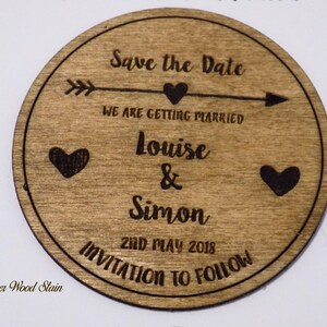 Wooden Save the Date Fridge Magnet with arrow and heart details white card image 5