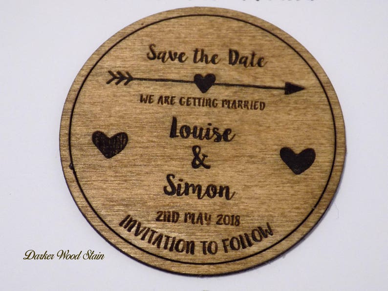 Wooden Save the Date Fridge Magnet with arrow and heart details white card image 5