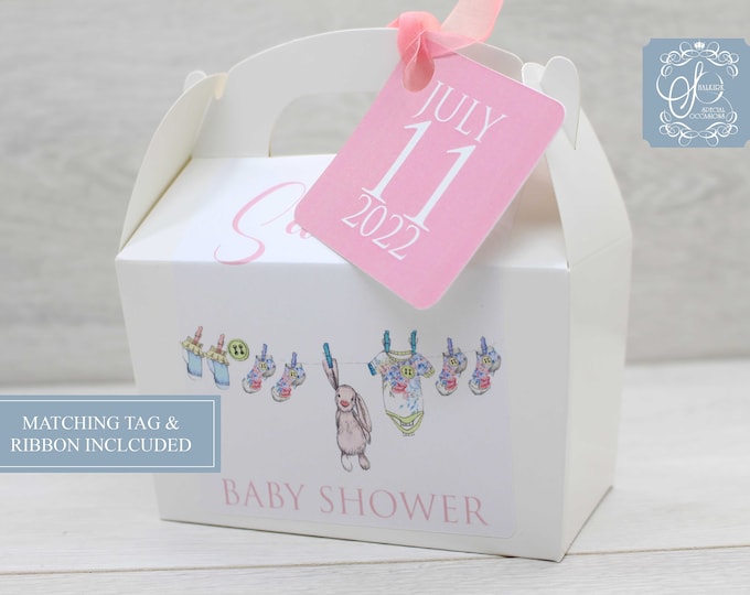 Personalised Baby shower, new baby party favour cake treat box, favor gift box, announcement pink tag