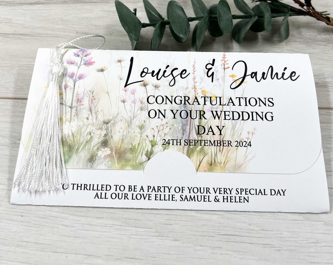 Personalised Wedding Money gift wrap wallet envelope, Wildflower, Wedding favour Bride and Grooom