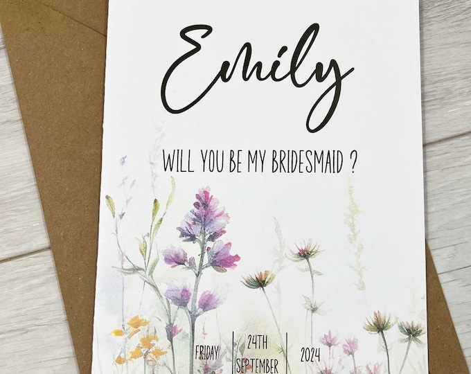 Personalised A5 Will you be my Bridesmaid Card Wildflower Design