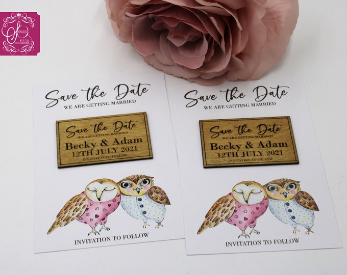 Two Owl's Save the date fridge magnet and card.