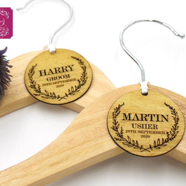 Wedding coat hanger tag round wooden tag with engraved detail ideal for the male wedding party