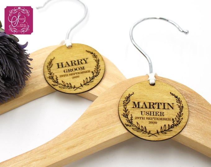 Wedding coat hanger tag round wooden tag with engraved detail ideal for the male wedding party