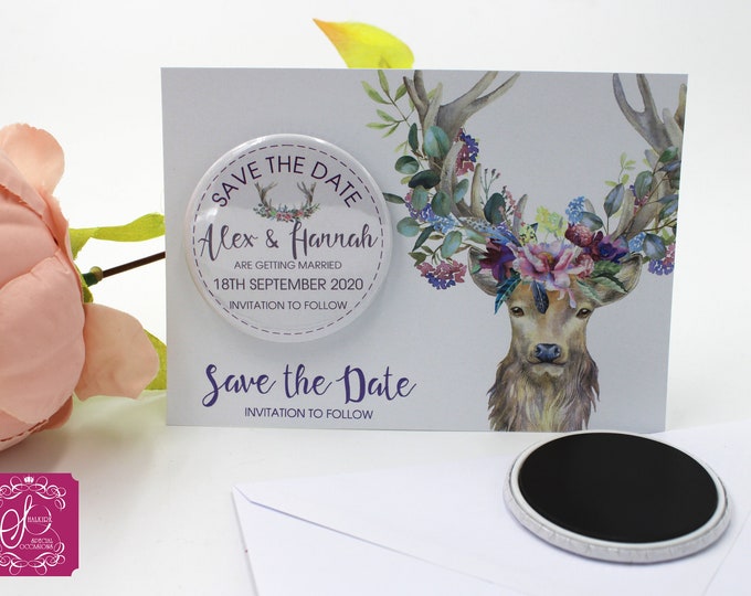 Save the date floral stag fridge magnet