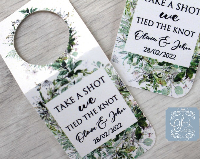 Personalised Wedding Favour Tags for miniature bottles, Take a shot we tied the knot