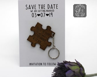 Jigsaw Piece Save the date keyring  - white backing card