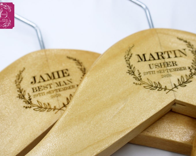 Personalised Laser Engraved Wedding Coat Hanger Natural wood with laurel design