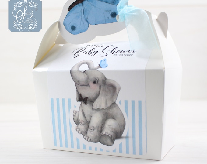 Personalised Baby Shower, New Baby, Gable Party Activity Gift Cake Lunch Boxes for Wedding, birthday, christening, Baby Blue Elephant