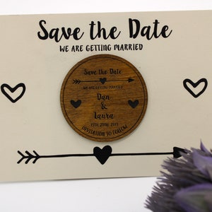 Wooden Save the Date Fridge Magnet with arrow and heart details white card image 4