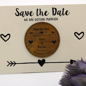 Wooden Save the Date Fridge Magnet with arrow and heart details white card image 4