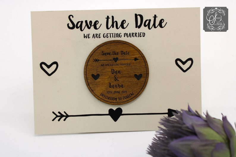 Wooden Save the Date Fridge Magnet with arrow and heart details white card image 4